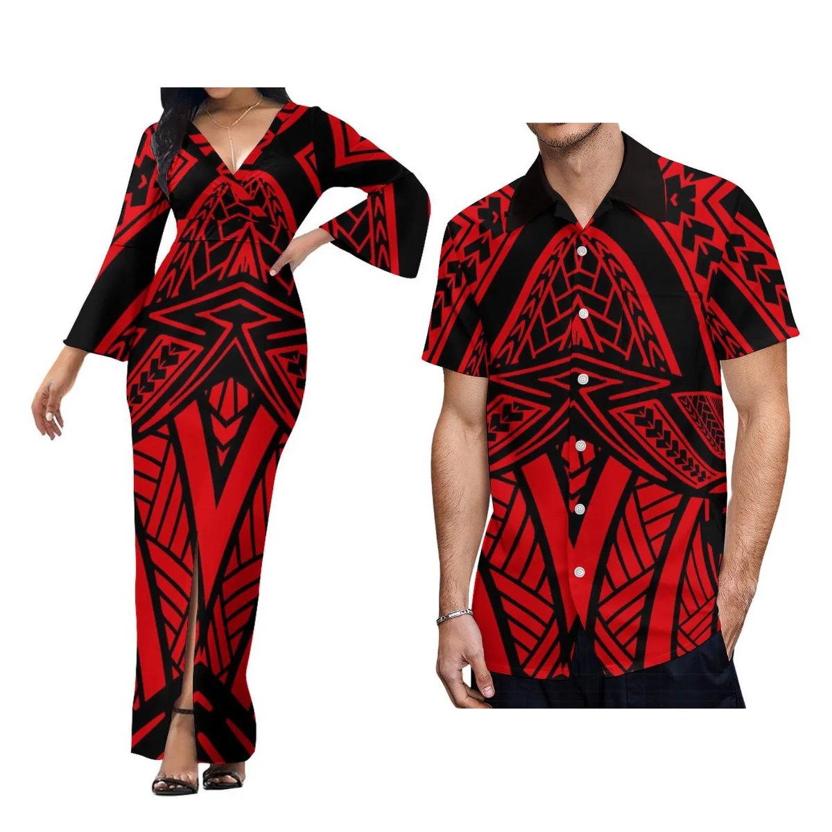 

Woman Dress Summer V Neck Polynesian Dress Samoa Print Long Sleeve Man Polynesian Design Shirt Couple Outfit Beach Style