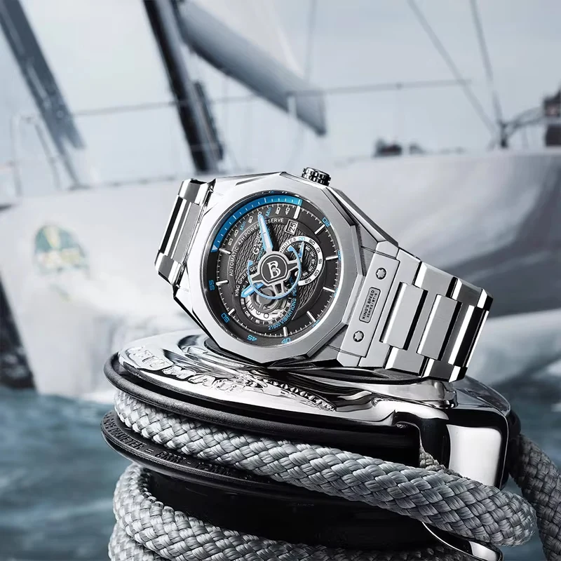 

BONEST GATTI BG8601 Men's Automatic Watch Octagon Skeleton Dial 50M Waterproof Stainless Steel Strap Mechanical Wristwatch