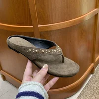 Women's Studded Suede Flip Flops, Square Toe Slip-on Sandals, Comfortable Casual Summer Footwear for Street Style - Image 5