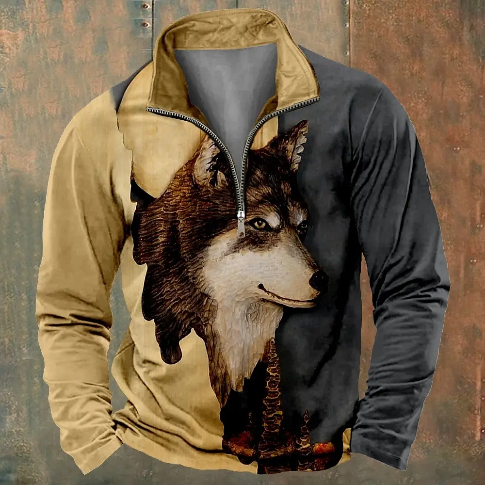 Fashion Half Zip Long Sleeve Hooded Shirt Funny Wolf Print Men's Stand Collar Sweatshirts Autumn Casual Loose Tops Men Clothing