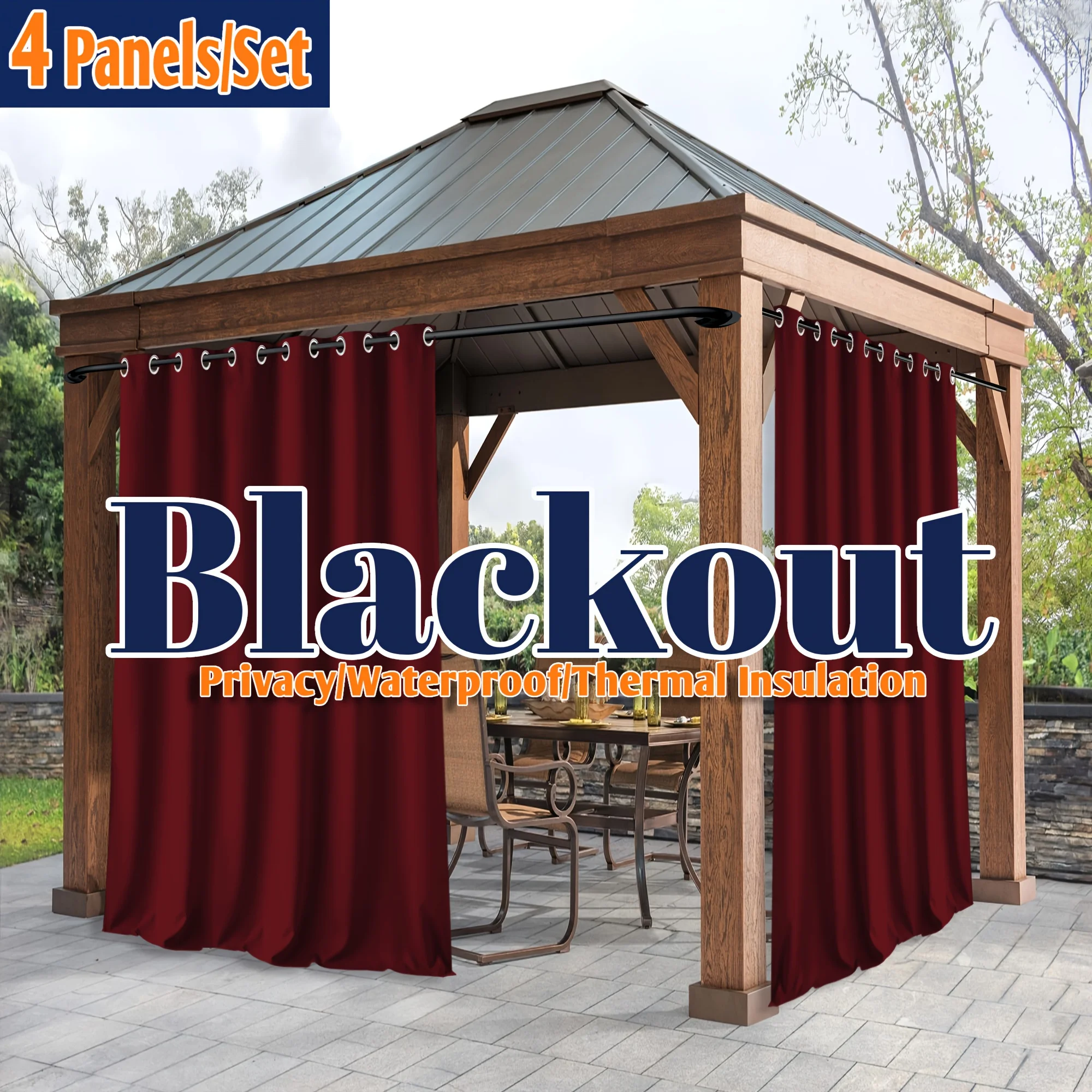 

A Set of Four Outdoor Gazebo Privacy Screen Curtains That Are Insulated And Block Light, Featuring a Modern Design. These Waterproof Sunshade And Insulated Curtains Come with Rings And Are Ideal for Decorating Porches And Gazebos
