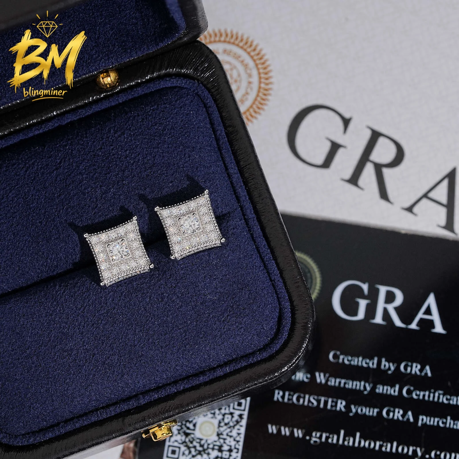 Blingminer 10mm Iced Out Square VVS Moissanite Earrings For Men Women S925 Silver Ear Studs Jewelry Pass Diamonds Tester GRA