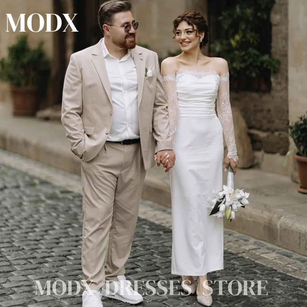 

MODX Modern Off Shoulder Mermaid Wedding Dresses Pleat Lace Long Sleeve Soft Stain Bridal Gown Ankle-Length Robe De Mariée 2025