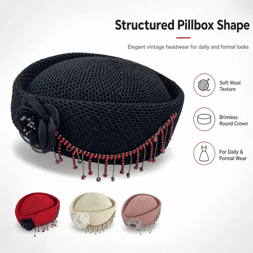 New With Flower Women's Pillbox Hat Solid Round Shape Brimless Cap Structured Crown Vintage Style Women Sun Hat Formal Occasions