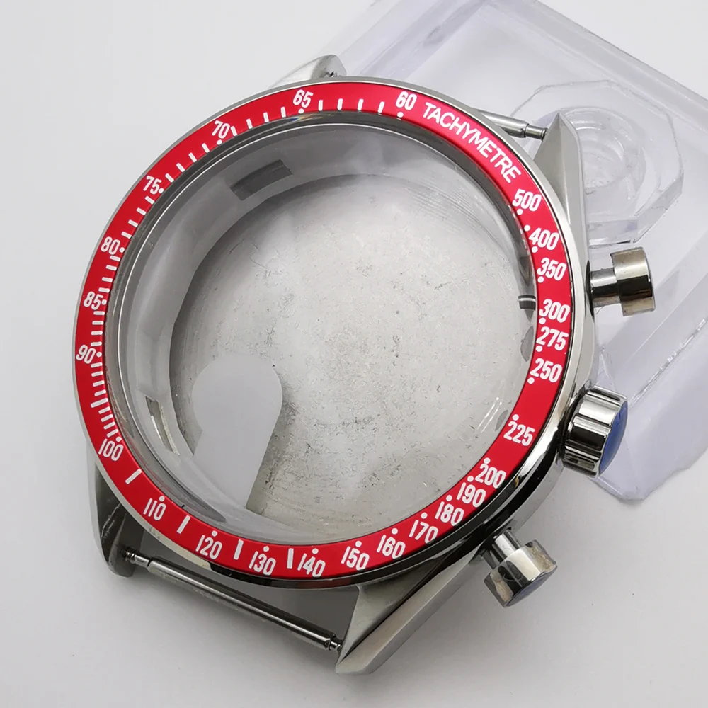 41mm red bezel stainless steel sapphire glass watch case fit VK63 VK64 movement