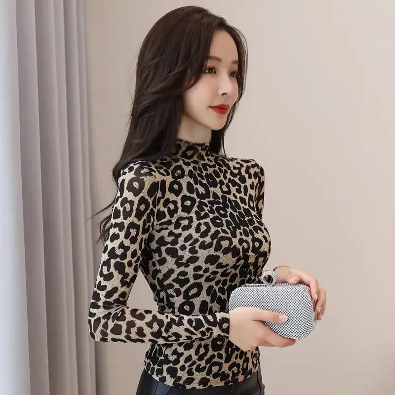 Leopard Print Autumn Winter Long Sleeve T Shirt for Women Turtleneck Tops Woman Y2k Clothes Aesthetic Clothing Clearance Tee Emo