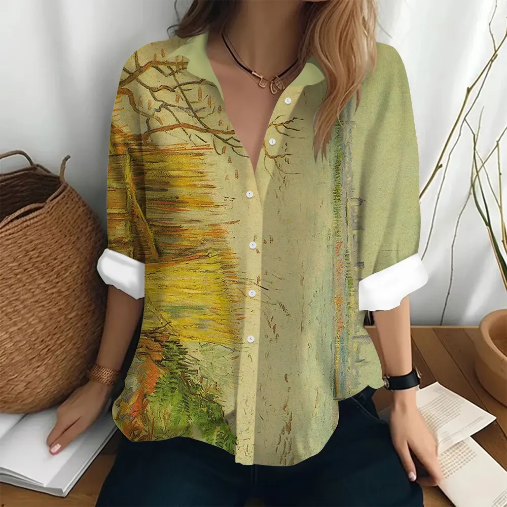 Women\'s Long Sleeved Shirt Van Gogh Oil Painting Print Pattern Loose Button Clothing Fashion T-shirt Party Trend Women\'s Shirt