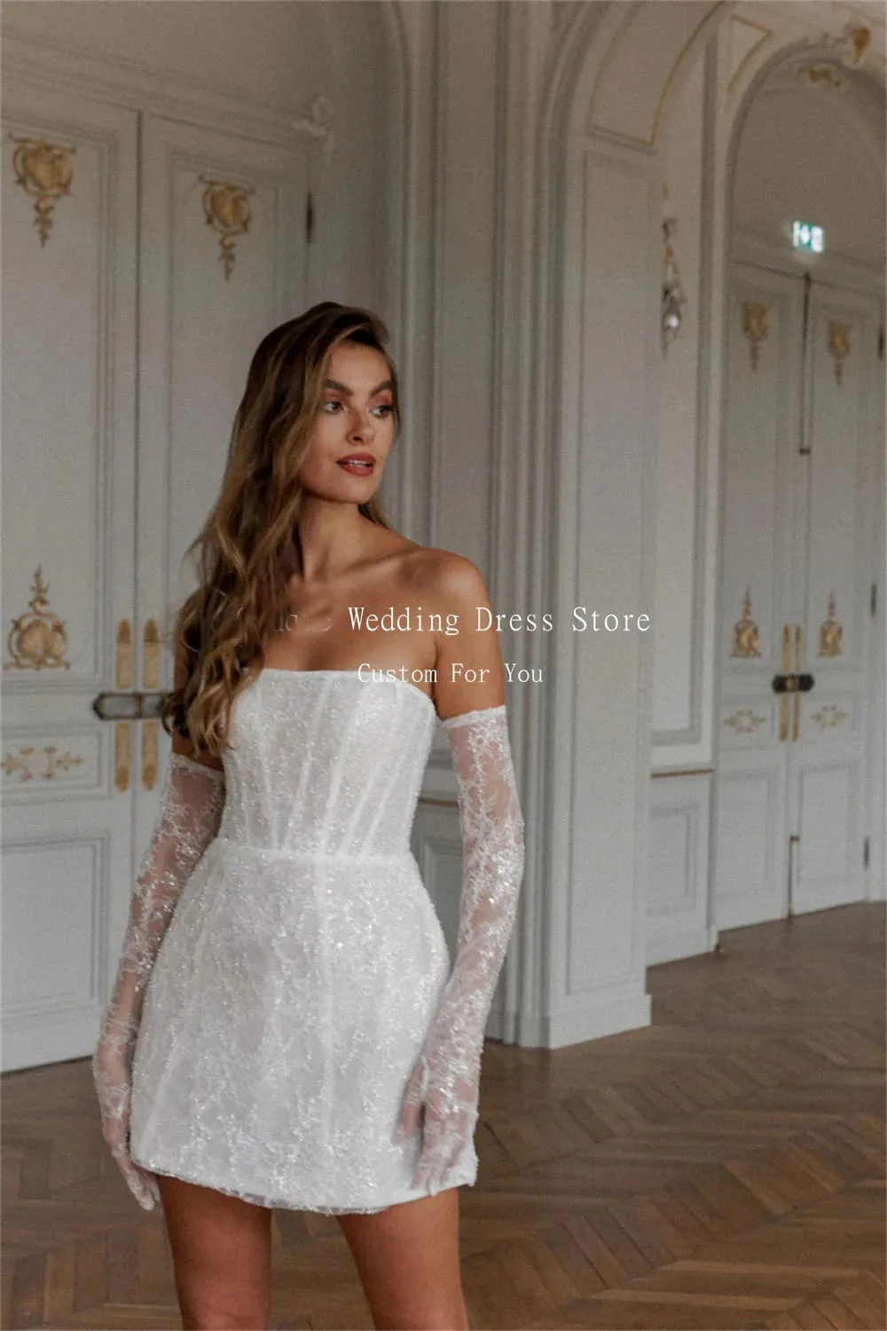 Mojy Abiti da sposa in pizzo scintillante per le donne 2025 Sposa Sirena corta di lusso con guanti Corsetto sul retro Abiti da festa lucidi personalizzati
