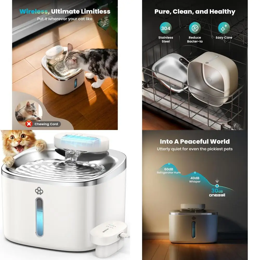 

Wireless Cat Water Fountain, 3.5L/118oz Battery Operated Pet Drinking Fountains Stainless Steel for Cats Indoor, Cordless Cat Fo