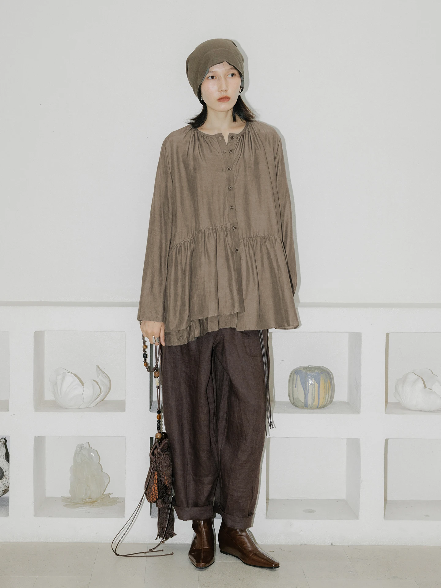 

Loose Doll Sle Patchwork Asymmetrical Casual irt Breathable Comfortable Long Sve round Ne Mid-Length Women's Top