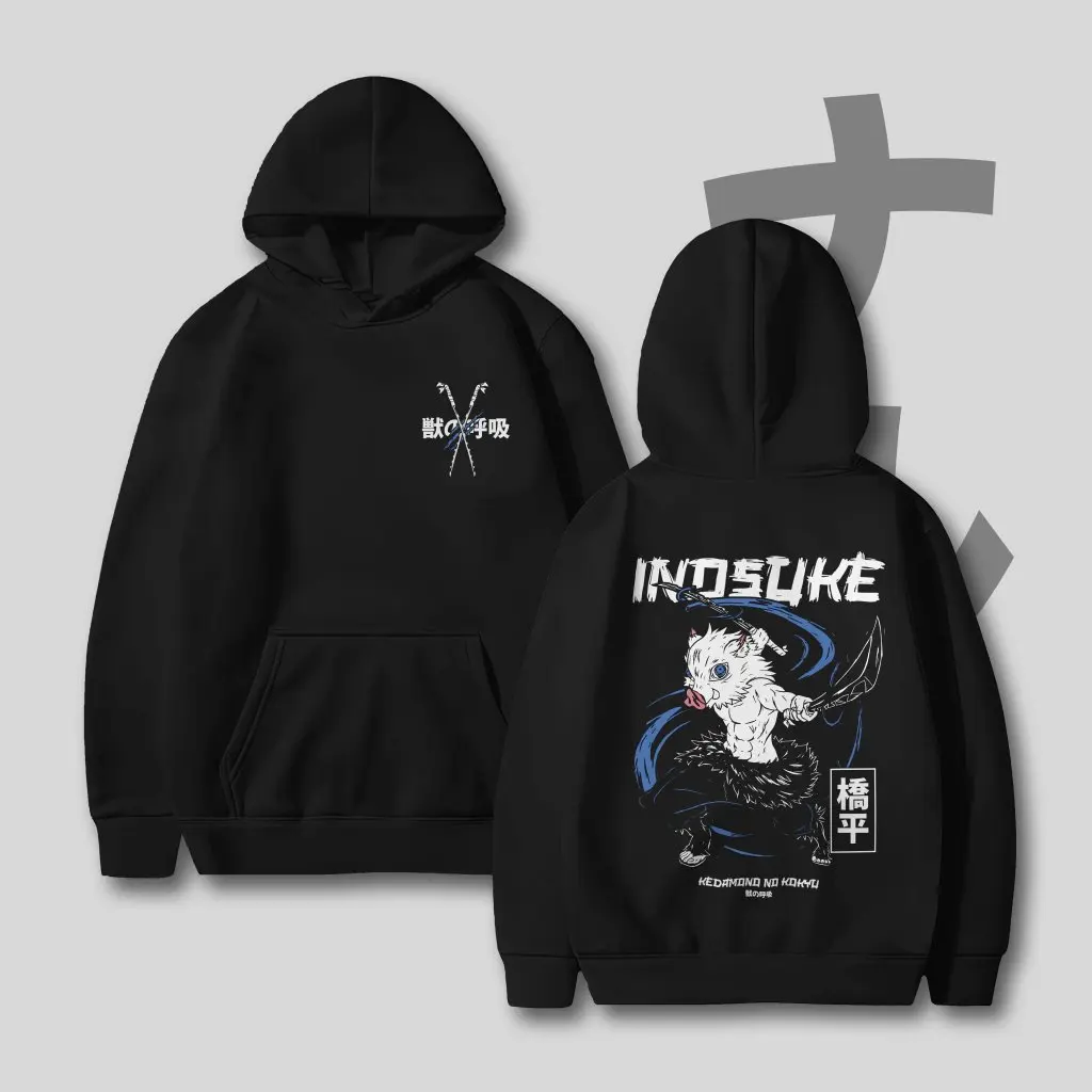 Demon Slayer Inosuke Felpa con cappuccio Anime Pullover Felpa Uomo Donna Unisex Casual Streetwear Autunno Inverno Felpe con cappuccio in cotone Cosplay