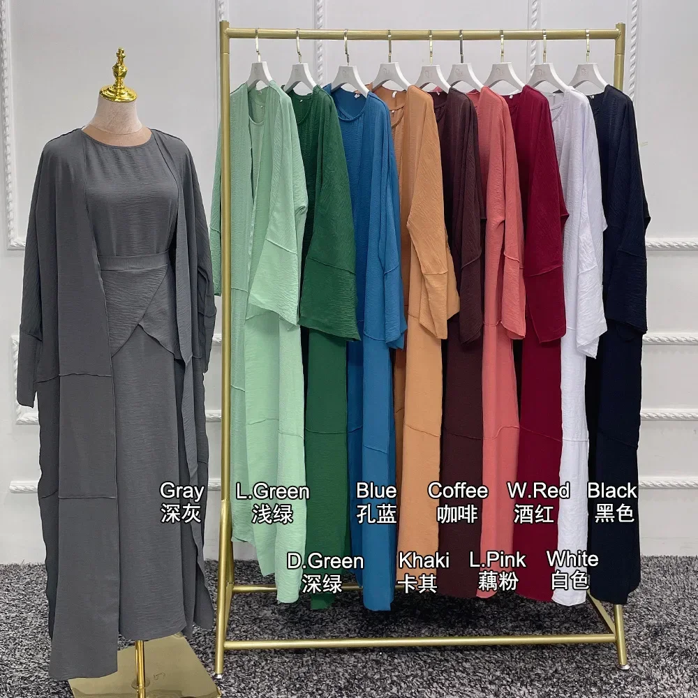 

3-х предметный костюм из крепа, одинаковые мусульманские комплекты, открытые абайи для женщин, Дубай, Турция, открытый комплект абаи, внутреннее платье с запахом, исламская одежда