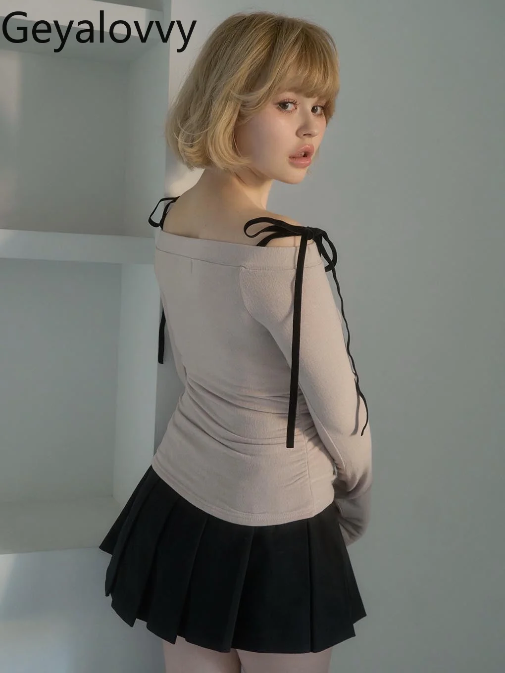 

Универсальная футболка с длинными рукавами и открытыми плечами в японском стиле Pure Desire, эластичные мягкие универсальные топы