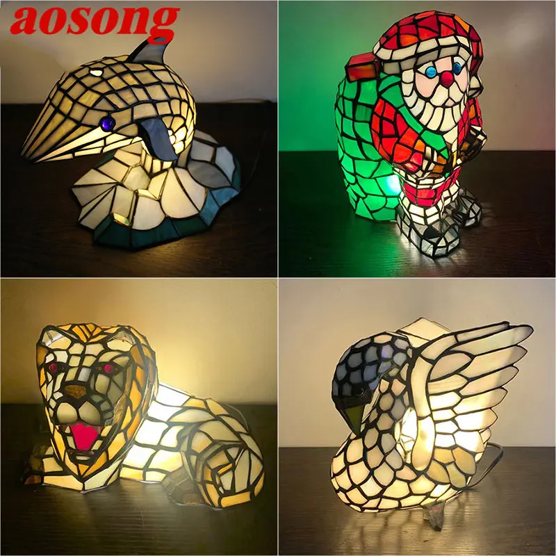 

AOSONG Tiffany Glass Table Lamp LED Creative Lion Dolphin Bedside Small Desk Light Fashion For Home Living Room Bedroom