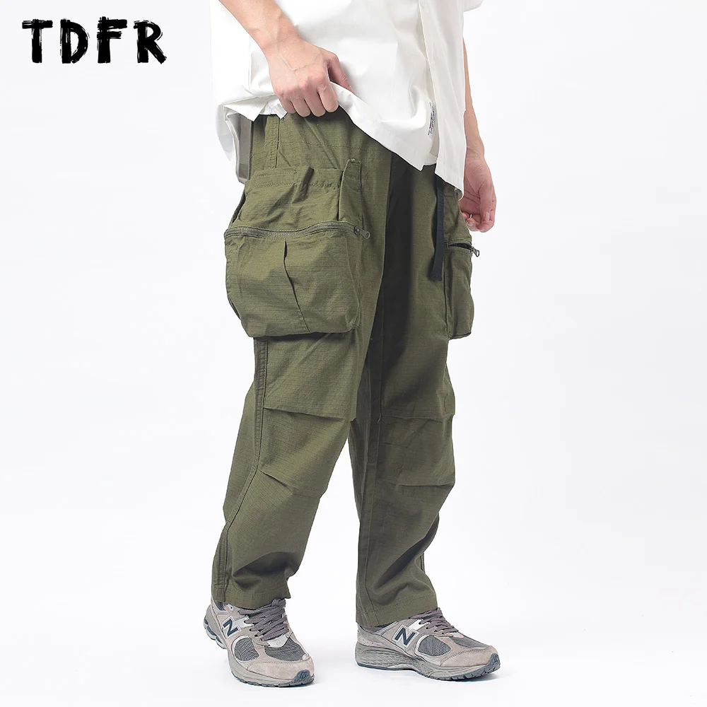 Zipper Pocket Cargo Pants Mens Pleated Casual Safari Style Solid Color Elastic Waist Wide Leg Loose Trousers Men