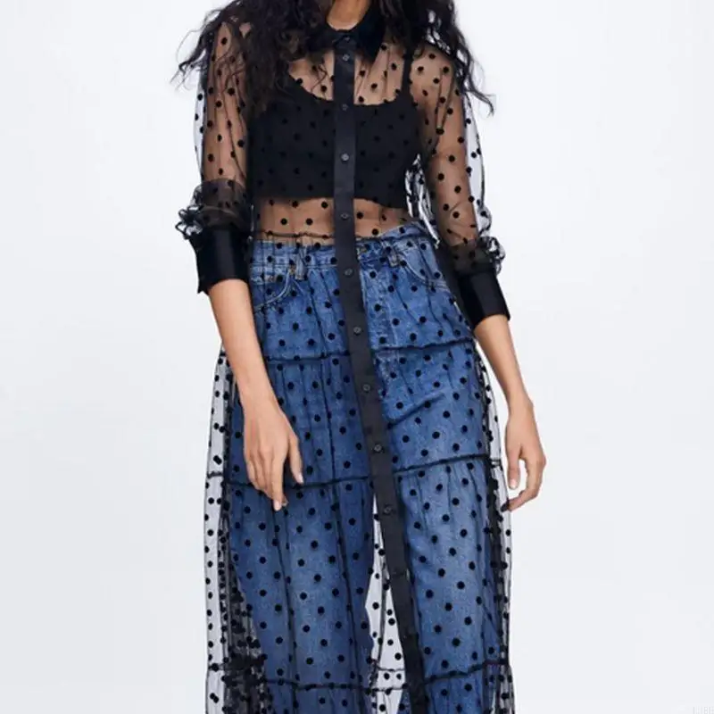 L38E Women Polka Dot Sheer Mesh Maxi Long Dress Lapel Collar Button Down Cover Ups