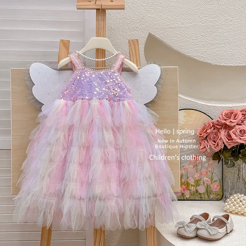 Girls Dress 2025 New Rainbow Wings Performance Birthday Dress Fluffy Princess Dress Fashion Casual Baby