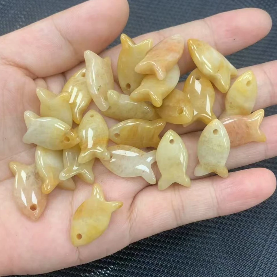 Topaz Beads Carved 22mm Fish Shape Charms Yellow Jade Natural Stone Pendant DIY Necklace Earrings Jewelry Accessories Gift