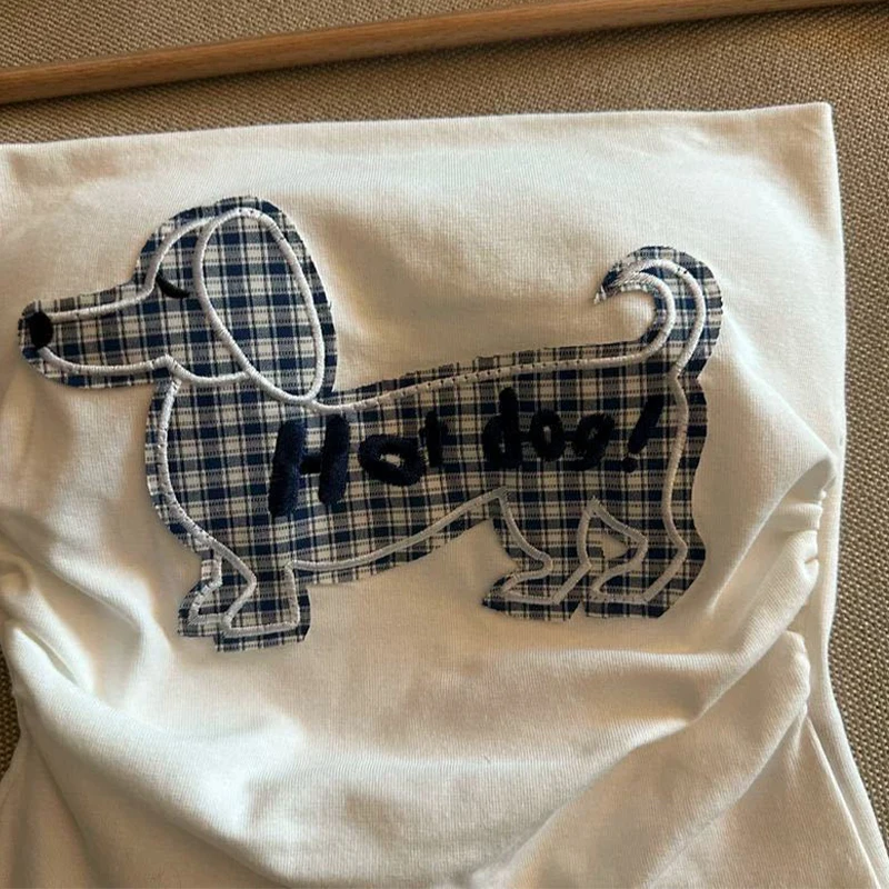 Jednoczęściowy top damski bez ramiączek, z haftem psa, w 3 kolorach, wyprzedaż specjalna, piękny, obcisły, casualowy, z wkładką na biust.