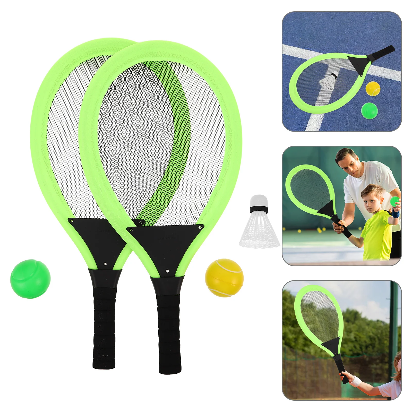 

2Pcs Kids Tennis Racket Set Green Plastic Lightweight Outdoor Sports Training for Children Beginners Racket Pocket Catch Game