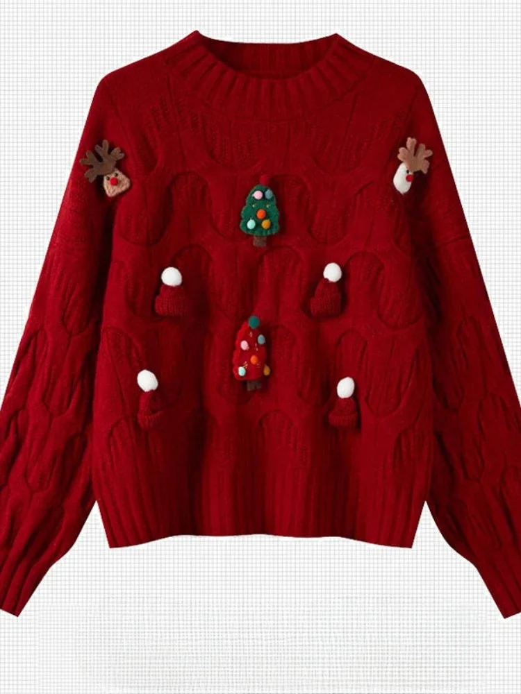 

Осень-зима, повседневные корейские яркие линии, украшения, вязаные пуловеры, рождественская женская одежда, красный свитер, женская футболка, милая