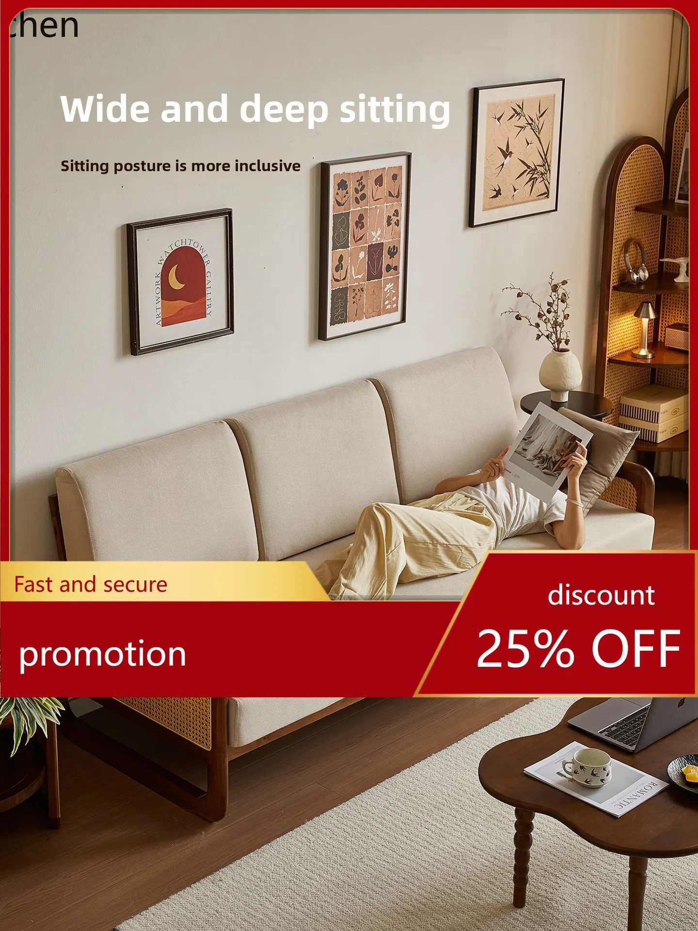 

HT Solid Wood Sofa for Home Living Room, Rattan Small Apartment Straight Row Sofa, Fabric Combination