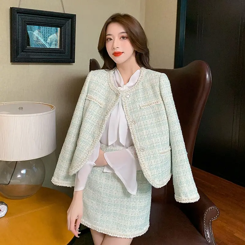 

Lnsozkdg High Quality Small Fragrant Wind Two Piece Set Women Elegant Outfits Beaded Pearl Tweed Jacket Coat + Mini Skirt Suits