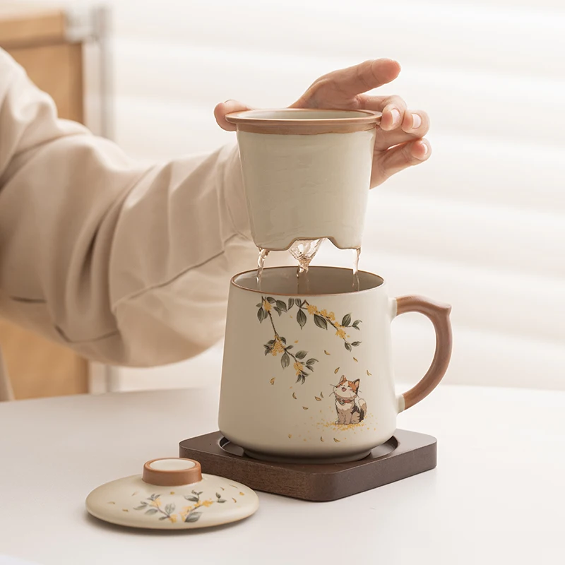 

Chinese Style Ceramic Mugs, Home Personal Office Creative Teacup With Cover, Filtered Tea Water Separation, Tea Cups, 400ml, 1Pc