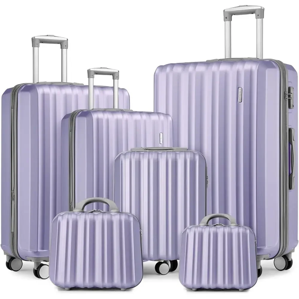 

Набор из 6 предметов: чемоданы-спиннеры с жестким корпусом и лавандовым принтом, расширяемые, с косметичкой, размеры 12/14/18/20/24/28 дюймов