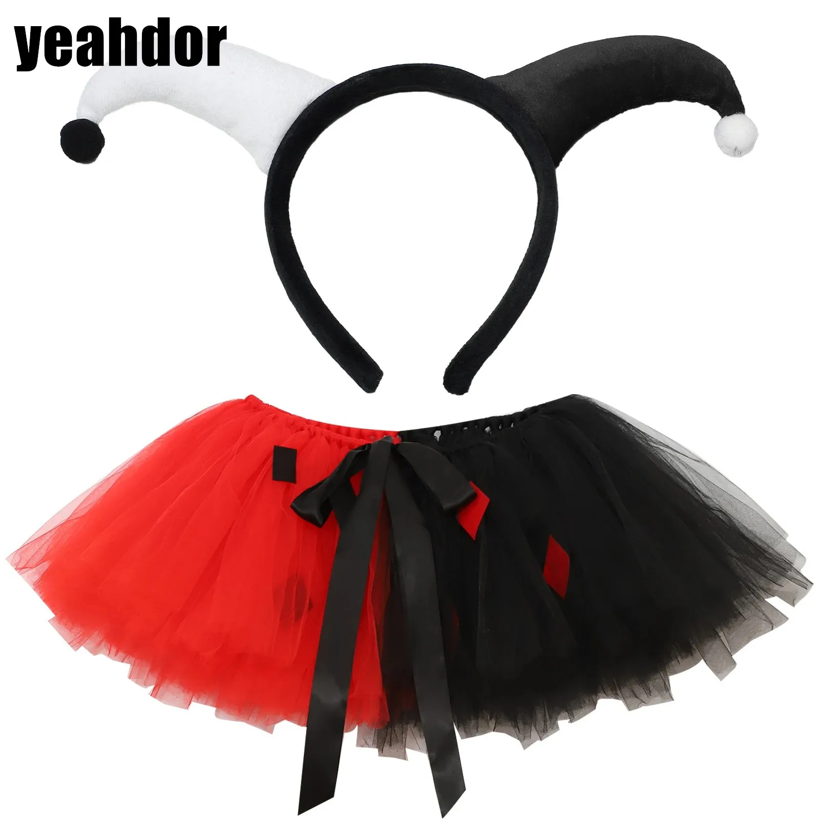 

Women Girls Tutu Mesh Skirt with Clown Headband Funny Cute Color Block Self-tied Ribbons Skirt for Halloween Themed Party