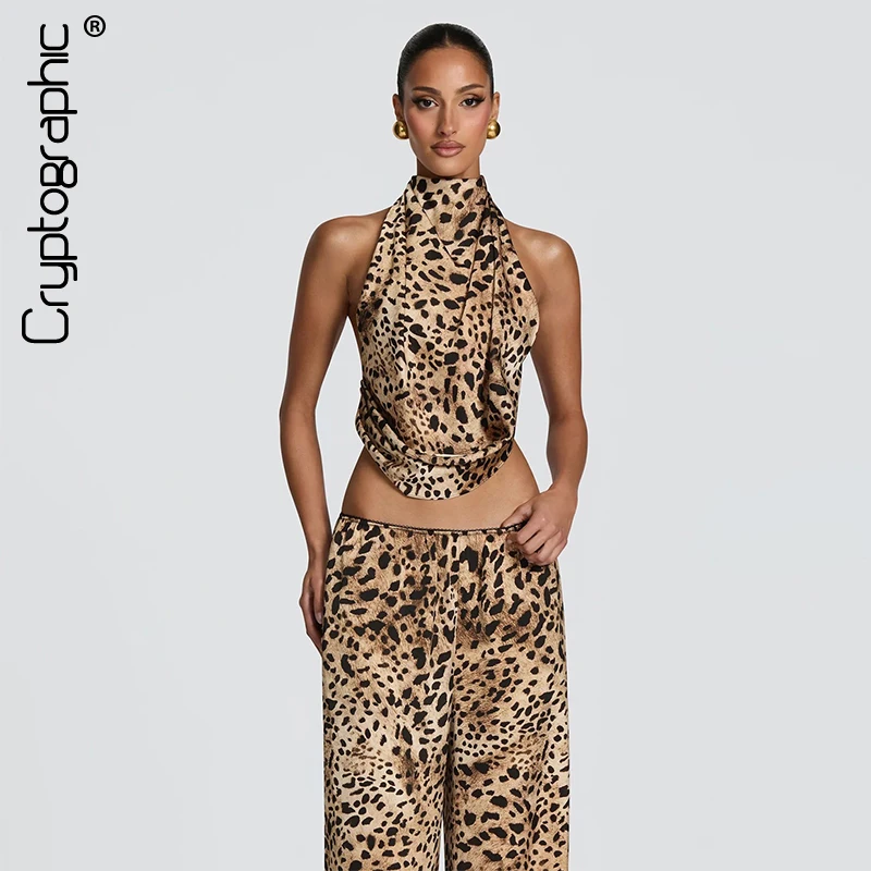 Cryptographic Gorgeous Female Clothing Sexy Halter Backless Top Pants Wild Leopard Pattern Hot Celebrity Slim Girls' Outfits