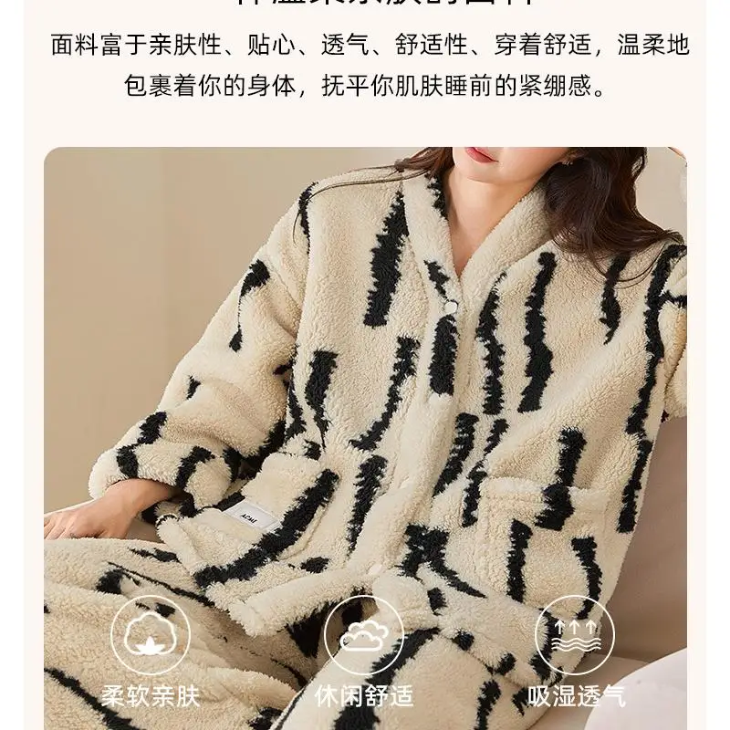 Pijamas de mujer Otoño Invierno polar coral ropa de dormir cómoda gruesa de manga larga conjunto de pijama de algodón traje de franela ropa de casa