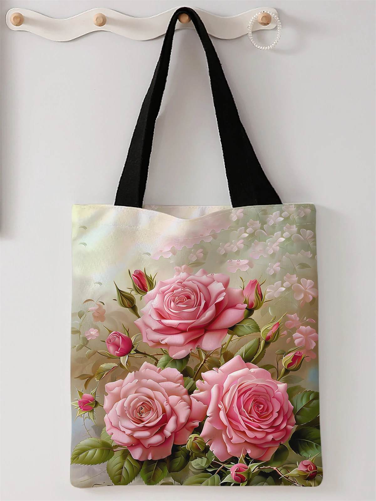 Lässige Handtasche mit Rosenmuster bedruckt, wiederverwendbarer modischer Rucksack, multifunktionale Handtasche, Einkaufstasche aus Segeltuch
