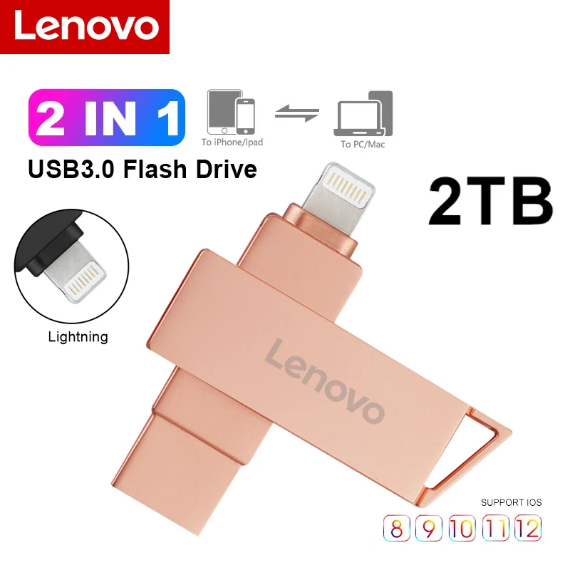 Lenovo แฟลชไดรฟ์ USB 2TB 2 in 1ไดรฟ์ปากกาไลท์นิ่ง256GB 128GB สำหรับ iPhone iPad Android 1TB OTG เมมโมรีสติ๊กสำหรับ PS4