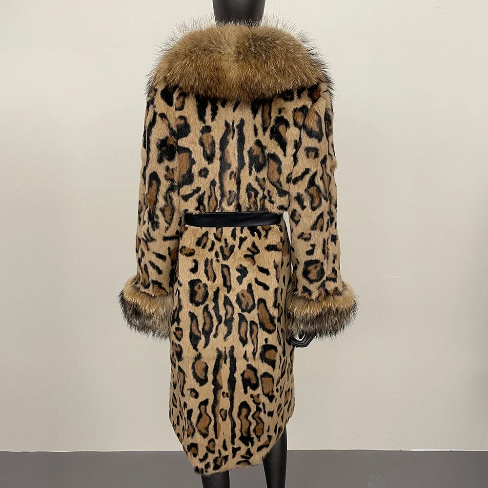 Fashionable Leopard Print Long Fox Collar Fur Jacket One-piece Thickened Warmth 2024 Autumn Winter Real Rabbit Fur Coat Women