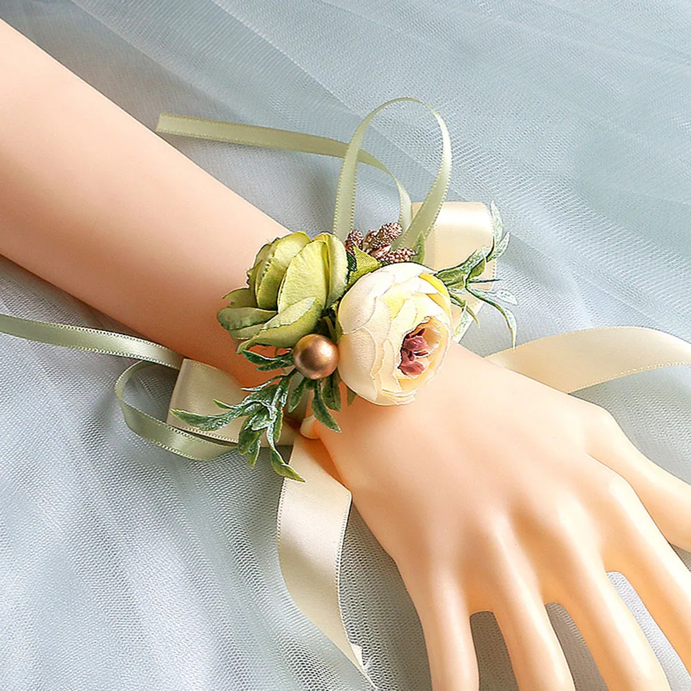 Wedding Wrist Flowers In Various Colors Exquisite Satin Ribbon Bow Wedding Party Flower Appliques Simulated Flower Bracelet