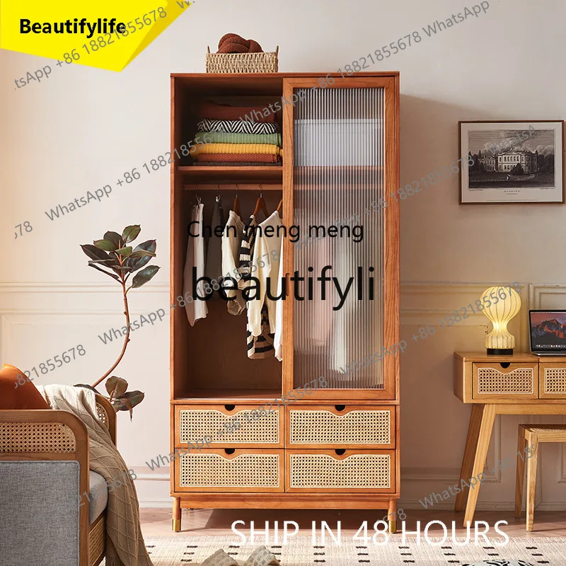 

CC Rattan wardrobe solid wood log small apartment simple storage household bedroom combination cabinet