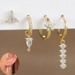 4PCS Simple Crystal Zirconia Square Dangle Earrings Set For Women Korean Stainless Steel Pendant Stud Earring Piercing Jewelry