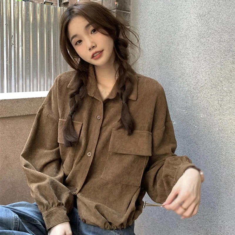 Spring And Autumn Retro Loose Coat Corduroy Thickened Versatile Layup Long Sleeved Women\'s Simple Shirt Coat