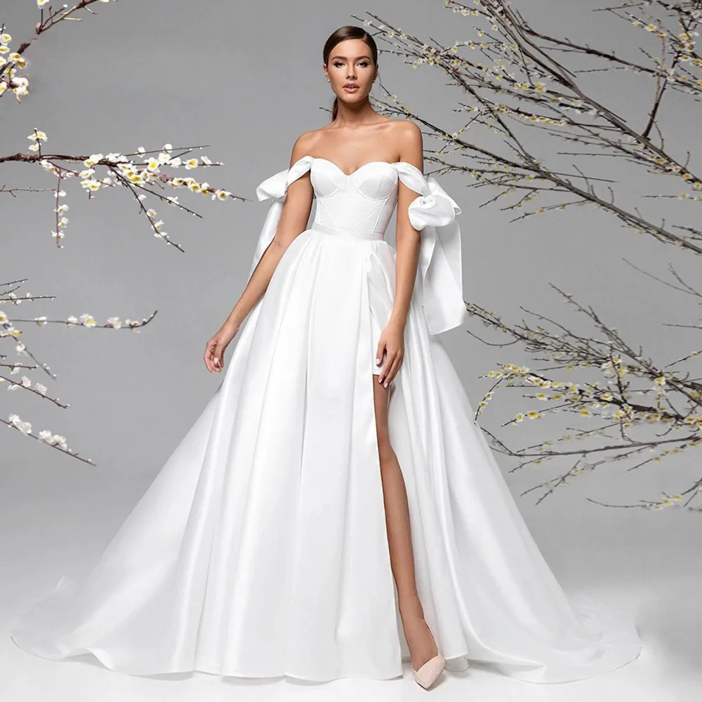 Customized Satin Off Shoulder Strapless Butterfly Sleeve Wedding Dress 2026 High Waisted A-line Bridal Gown Suitable for Gardens view 4
