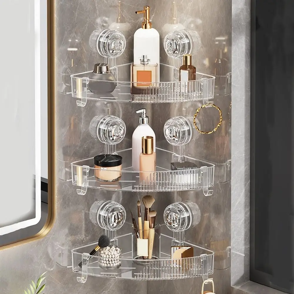 מדף פינתי משולב בצורת משולש עם ספיגת אקריליק, שק Transparant, מונח על הקיר, סל אחסון למקלחת, חסכון במקום, ללא חורים