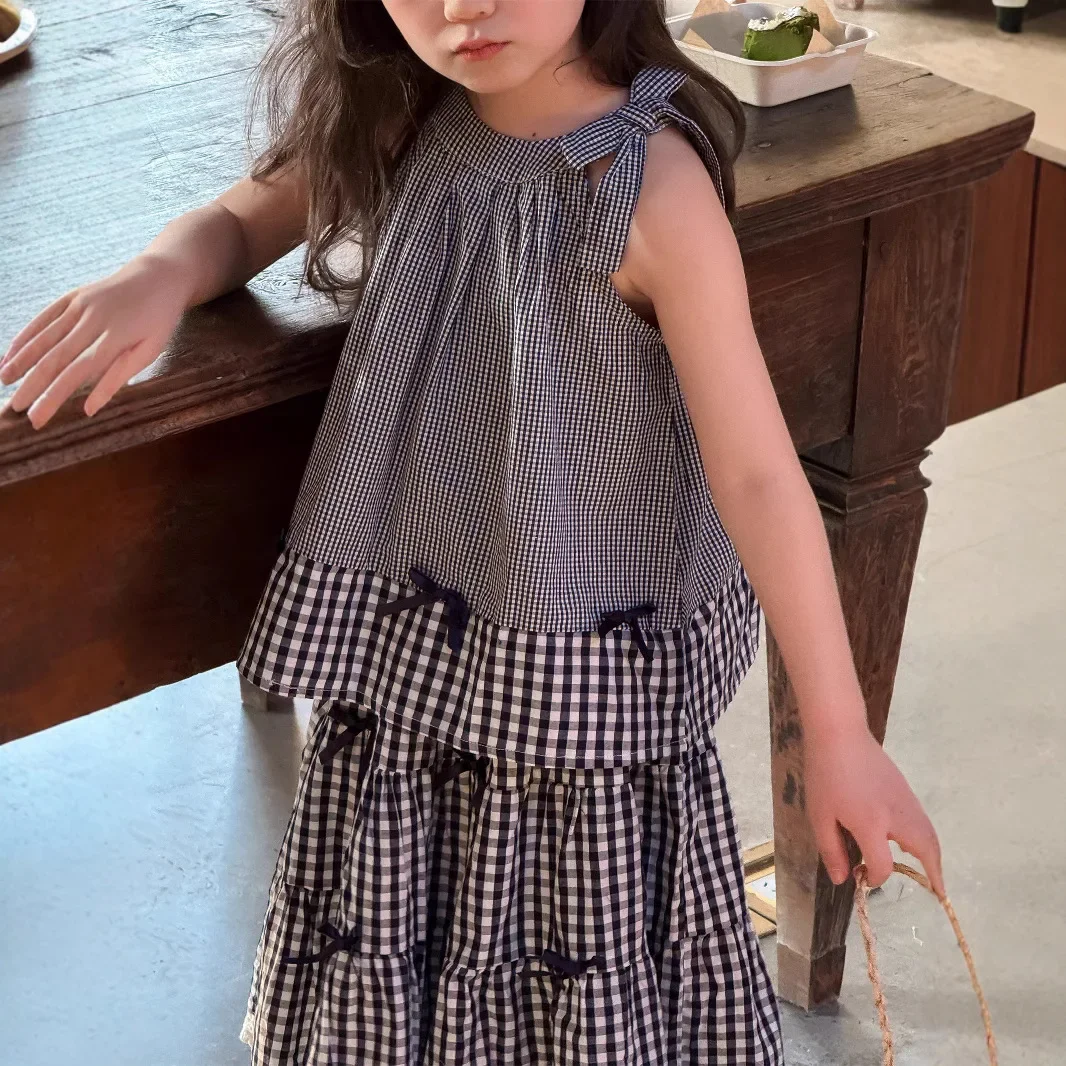 Baby Girls Dress Countryside Forest Style Plaid Vest Sleeveless Top 2025 Summer Korean Children Clothes Fashion Plaid Bow Skirts