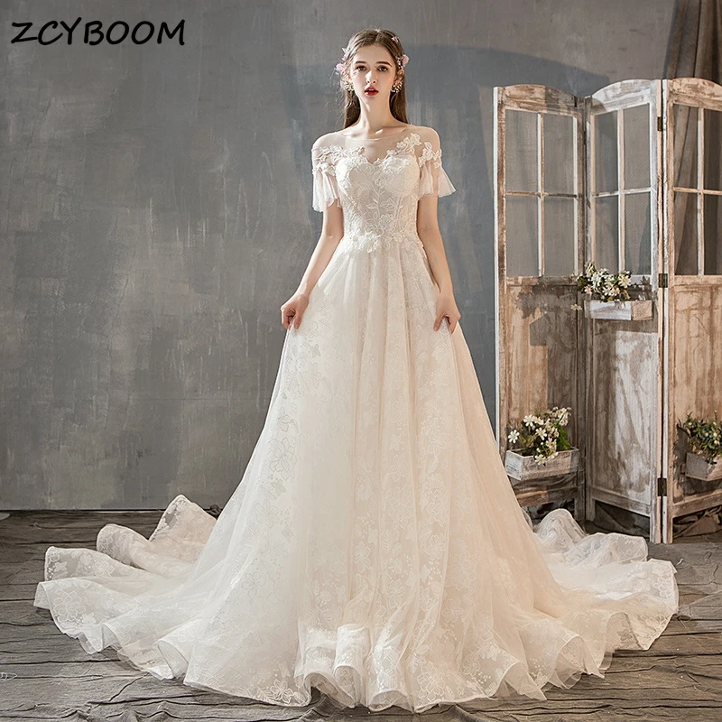 

Elegant Appliques O-Neck A-Line Illusion Neck Tulle Wedding Dresses for Women 2024 Sweep Train Bridal Gowns Vestido De Noiva