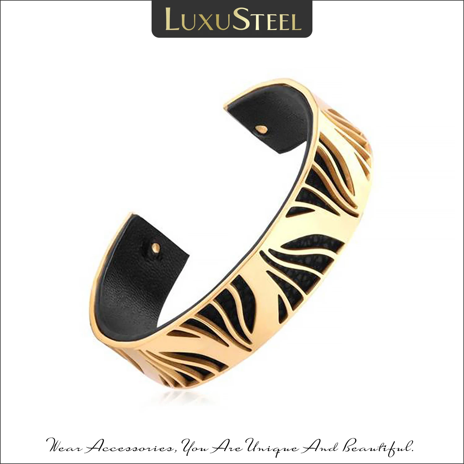 LUXUSTEEL Leather Metal Cuff Bangles For Women Men Gold Color Stainless Steel Rose Stripe Bracelet Retro Punk Female Accessories