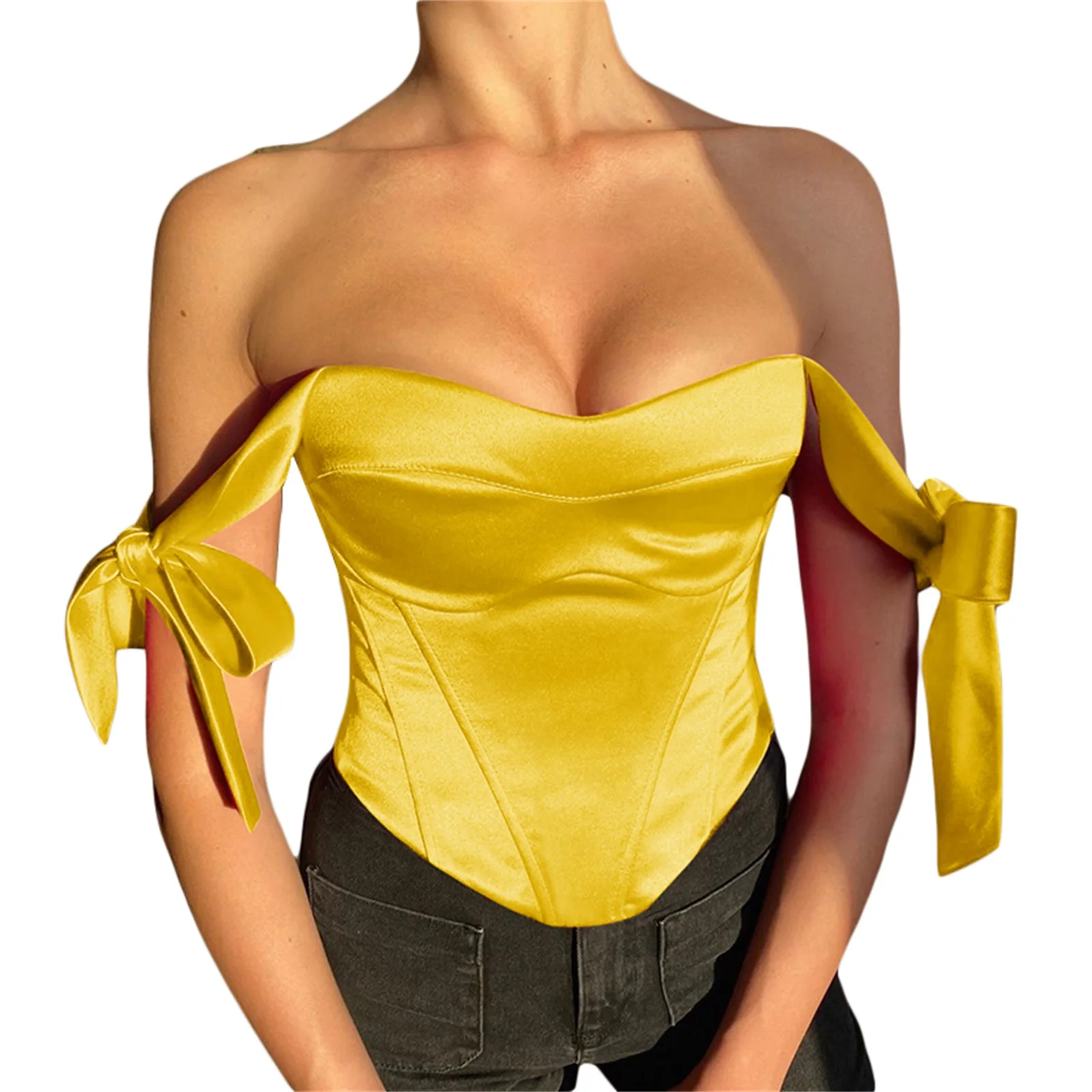 Women Stain Bustier Tops Y2k Solid Color Bow Tie Strap Sleeveless Backless Boned Corset Tops Club Streetwear