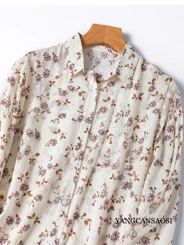 Coix Seed Color Floral Semi Transparent 100% Natural Mulberry Silk Sun Protection Cut Silk Shoulder Sleeves Mid Length Cardigan
