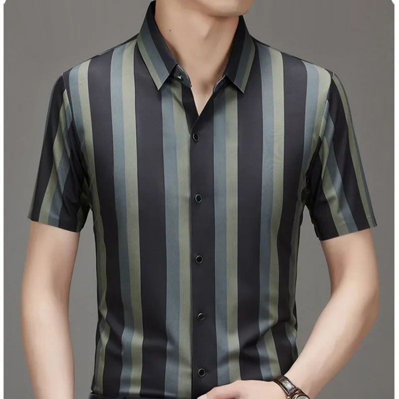 Contrast Color Striped Button Men\'s Clothing Summer Short Sleeve Turn-down Collar Cardigan Shirt Vintage Boyfriend Casual Tops