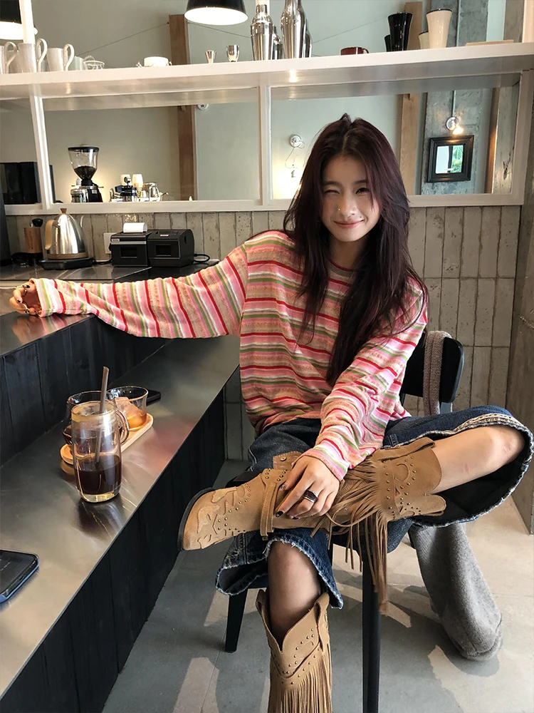 فضفاضة تناسب طويلة Sve جولة Ne تي شيرت مخطط المرأة الخريف عارضة تنوعا أعلى مريحة فضفاضة Sle Faionable