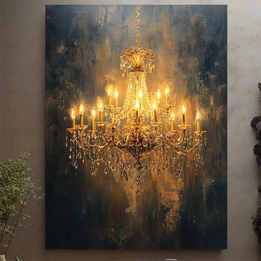 1pc 30.48x40.64 cm Golden Chandelier Wall Art - Vintage Glam Lighting Design with Crystal Accents, Recycled Wood Frame & Text