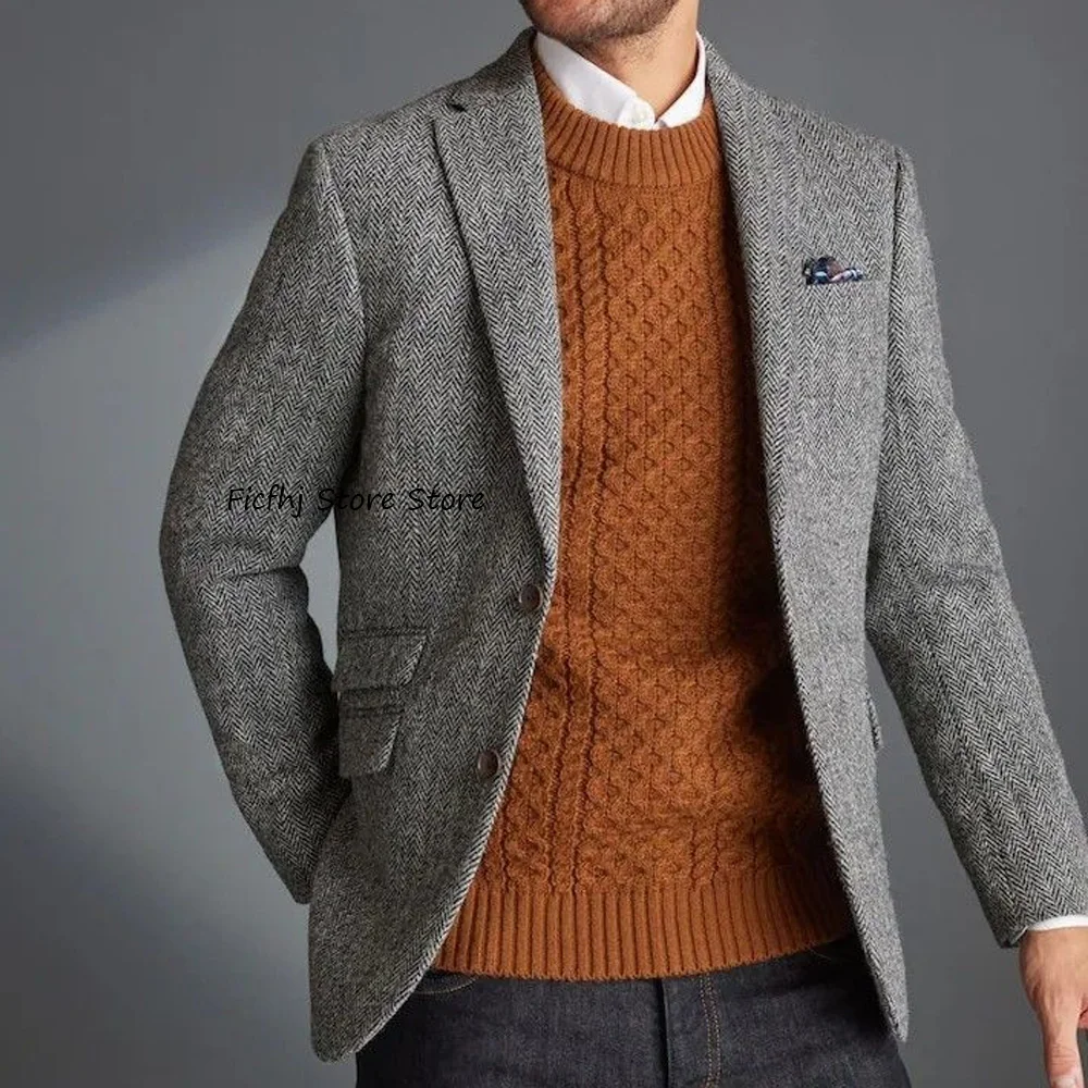 

Man Jackets High Quality Vintage Herringbone Fabric Men's Social Coat Men Business Casual Fashion Suit Notch Lapel Urban Blazers